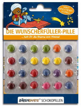 Die Wunscherfüller-Pille Schokolinsen Vorderseite