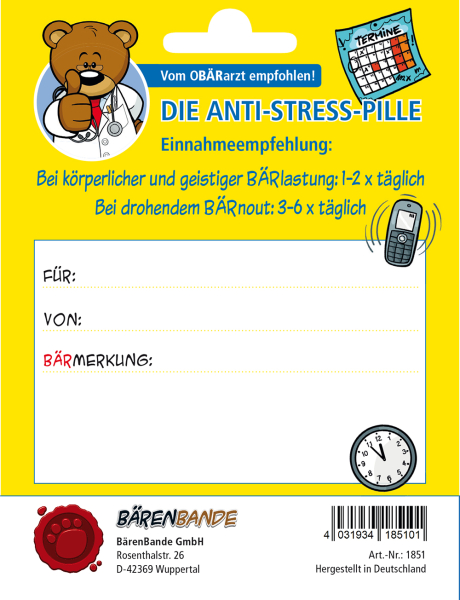 Die Anti-Stress-Pille Schokolinsen Rückseite